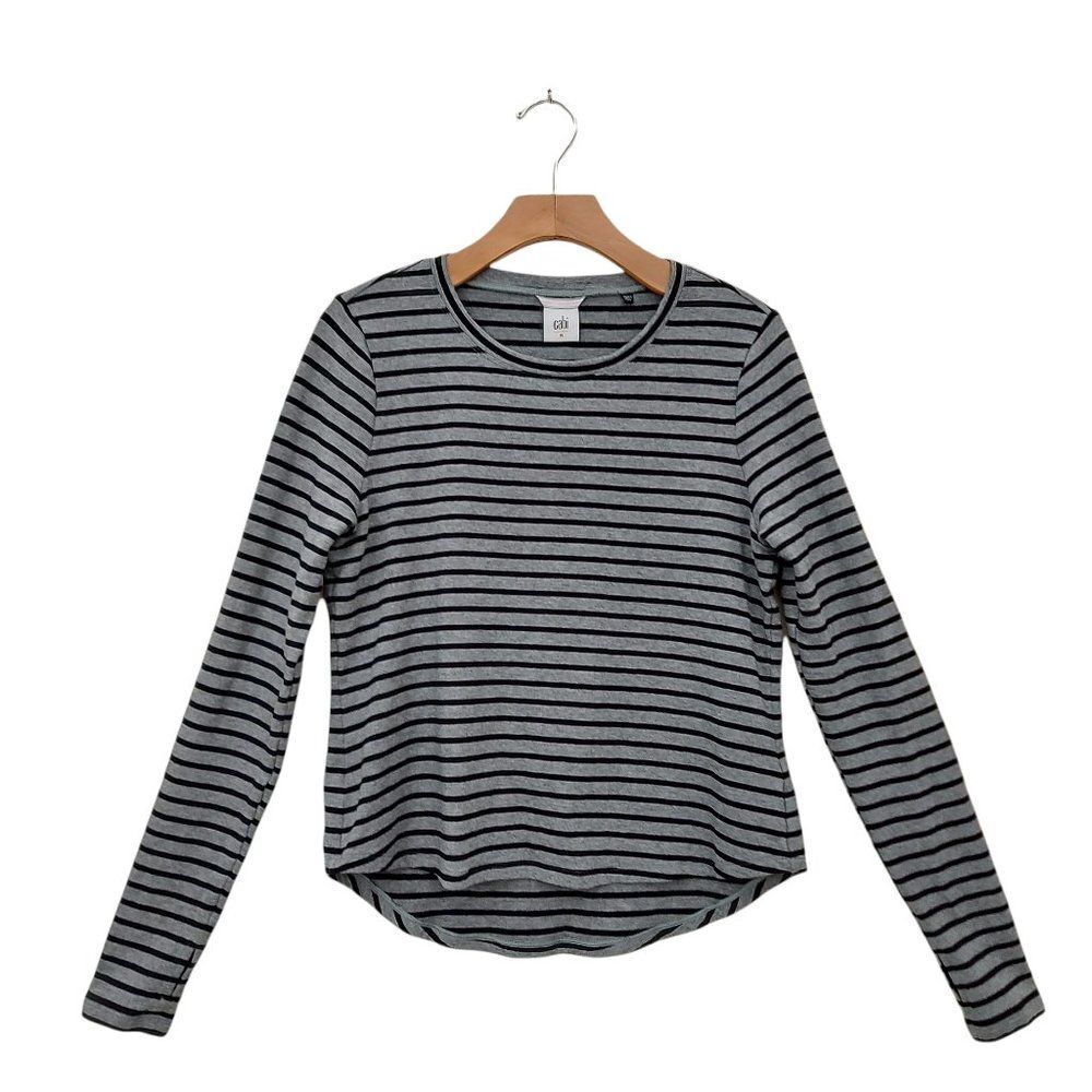 Cabi Top Womens Medium Gray Pullover Crew Neck Long Sleeve Striped Thumbhole